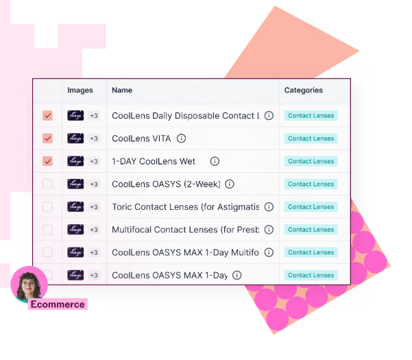 Product catalog table showing product rows with selection checkboxes, image thumbnails, names such as CoolLens Daily Disposable, and Contact Lenses category tags.