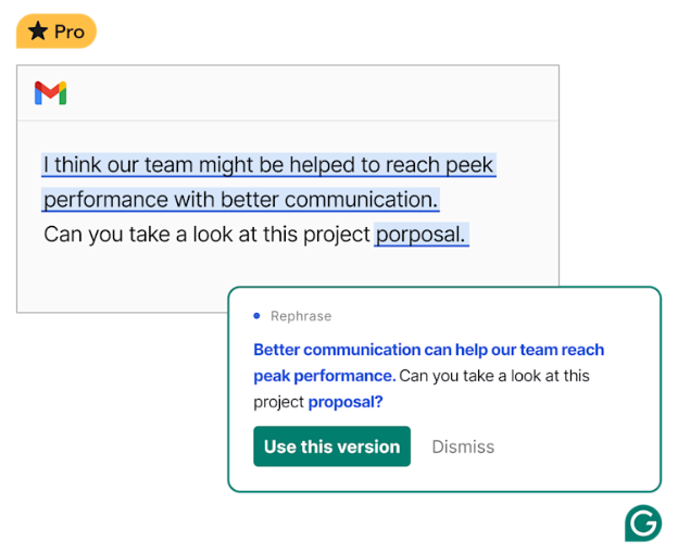 Grammarly Pro rephrase suggestion card in Gmail displaying revised draft text alongside 'Use this version' and 'Dismiss' buttons.