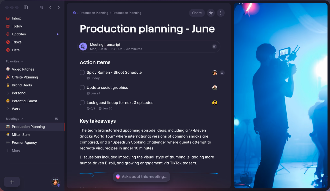 Superlist desktop UI displaying the sidebar and a 'Production planning - June' note with action items, meeting transcript banner, and key takeaways.