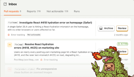 PostHog Inbox interface showing pull requests and issue reports with error tracking tags, review buttons, and status indicators.