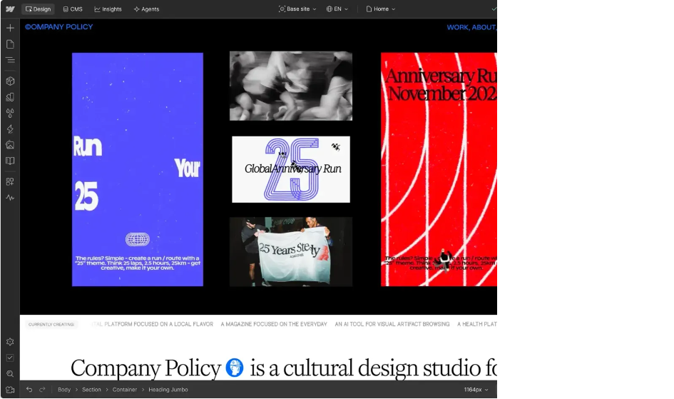 Webflow Designer interface displaying a canvas with page elements, a left-hand tool panel, and bottom breadcrumb navigation showing the element hierarchy and viewport width.