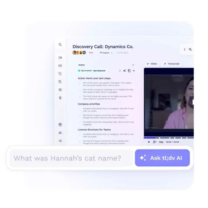 Meeting interface displaying video recording playback controls, notes organized by action items and company priorities, and an AI prompt input field.