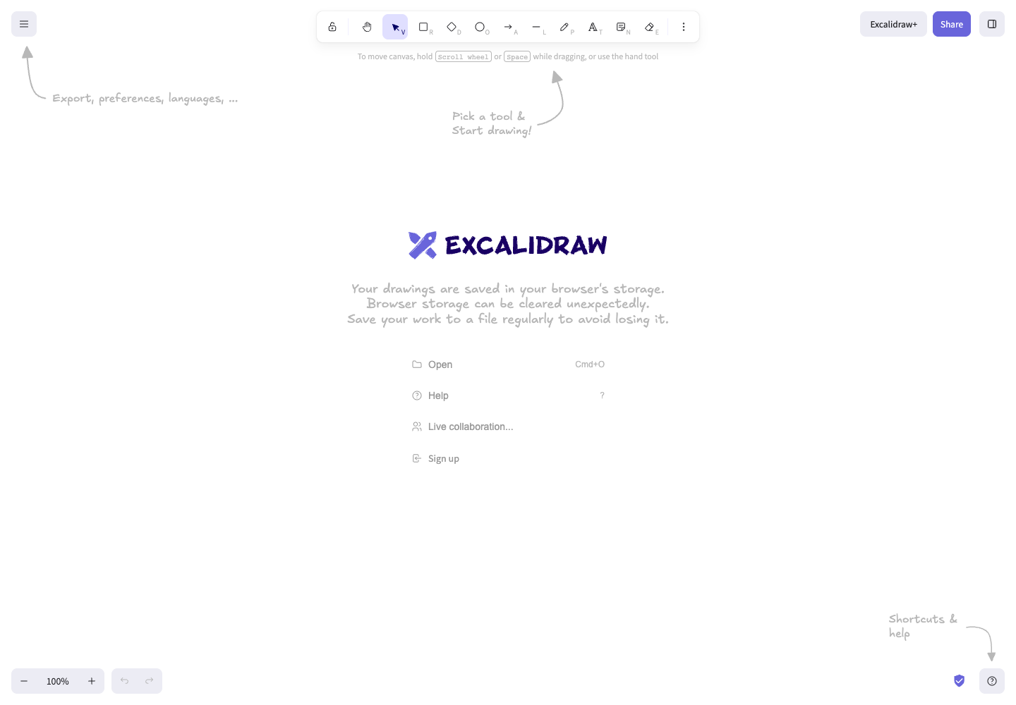 Excalidraw whiteboard canvas interface with drawing tools, canvas controls, and quick action shortcuts.
