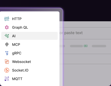 Protocol selection dropdown menu displaying HTTP, Graph QL, AI, MCP, gRPC, Websocket, Socket.IO, and MQTT options next to a text input field.