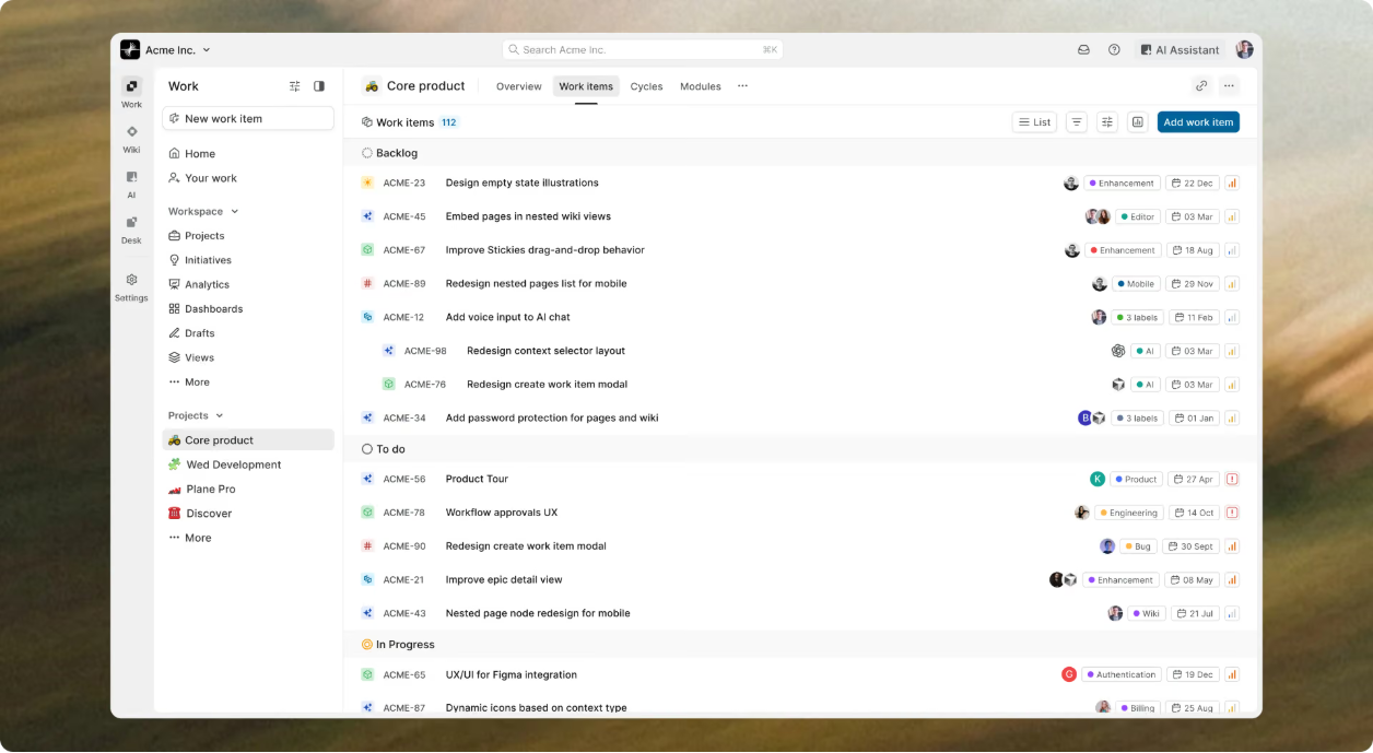 Project work items view displaying issues organized into Backlog, To do, and In Progress sections with assignees, labels, and priority indicators alongside workspace navigation.