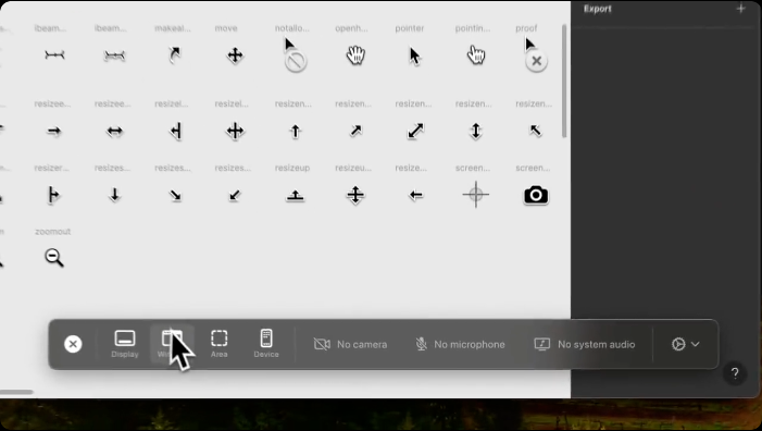 Screen Studio recording toolbar showing capture mode options including Display, Window, Area, and Device, alongside camera and audio settings.