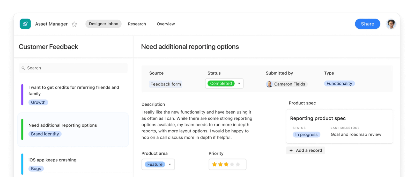Review customer feedback records, status, ownership, and linked product specifications.