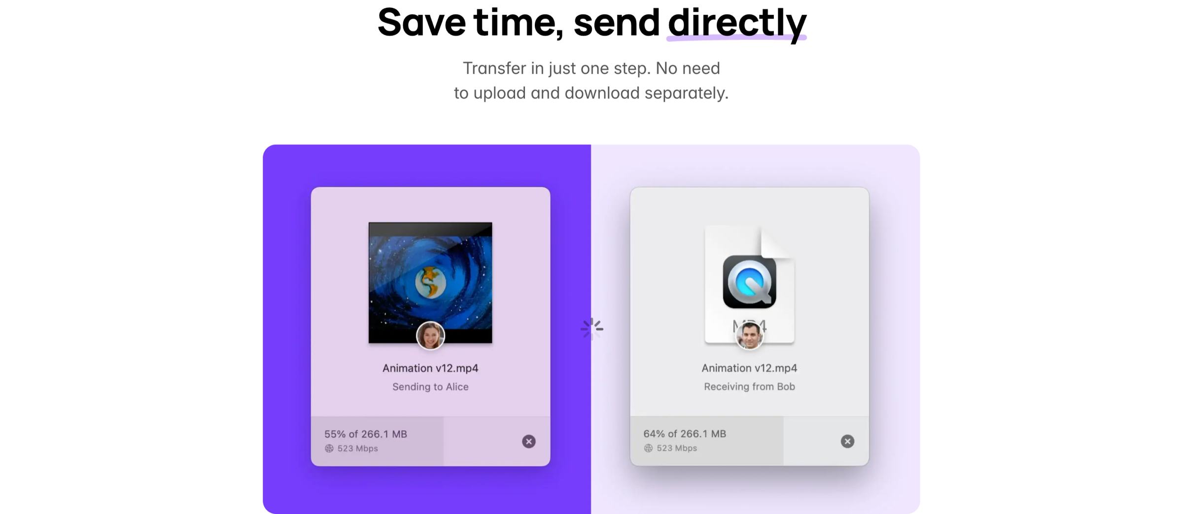 Desktop transfer interface showing simultaneous sending and receiving cards with file progress and connection speed.