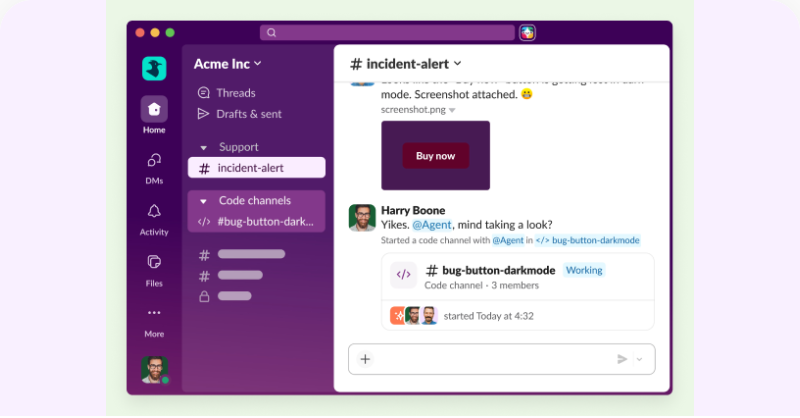 Slack desktop interface showing a code channel, an incident conversation and a linked channel card.