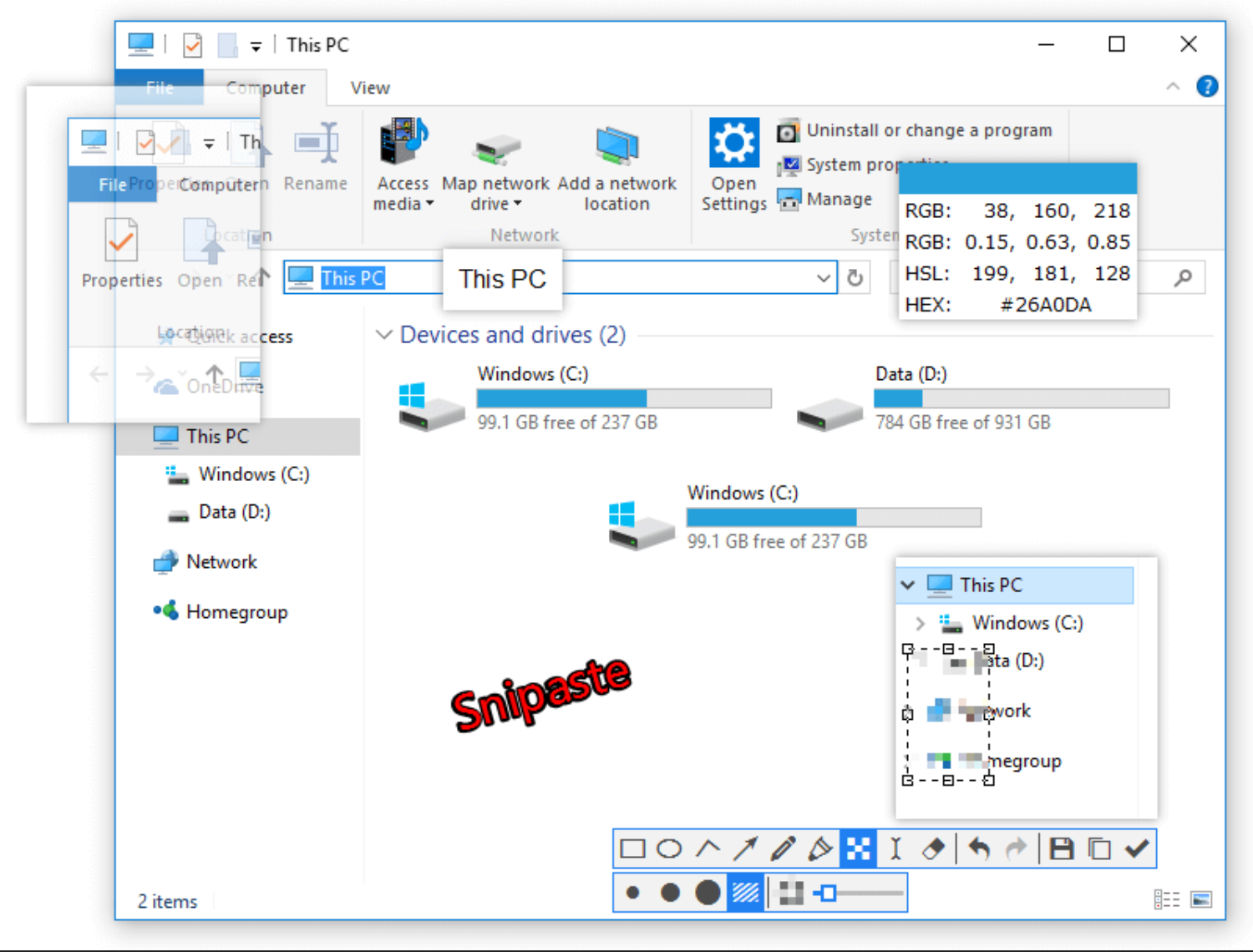 Snipaste snipping workspace with floating pinned windows, a color value popup, and the image annotation toolbar.